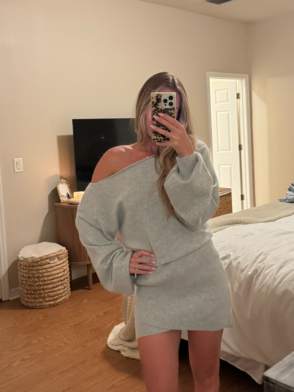 Le Lis Off-Shoulder Gray Knit Sweater dress
